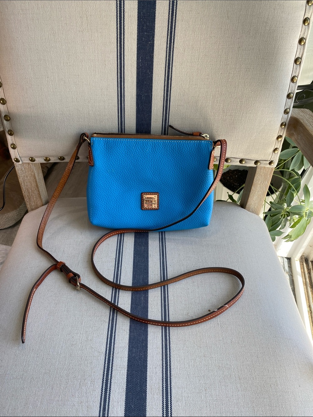 Dooney & Bourke Blue Pebble Leather Crossbody with Brown Strap